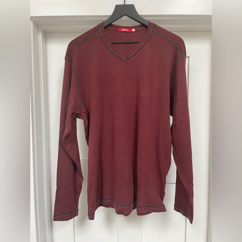 Agave Lux Contrast Stitch 100% Cotton Long Sleeve V-neck Tee. Men’s Large. USA